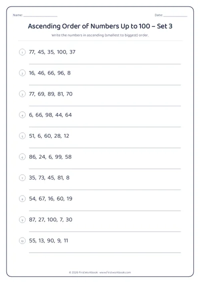 ascending order of numbers worksheet