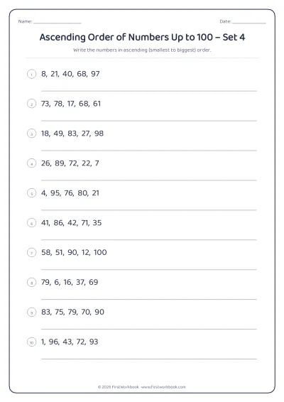 ascending order of numbers worksheet