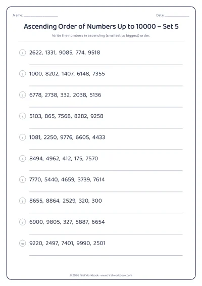 ascending order of numbers worksheet
