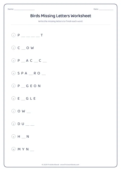 birds missing letters spelling worksheet