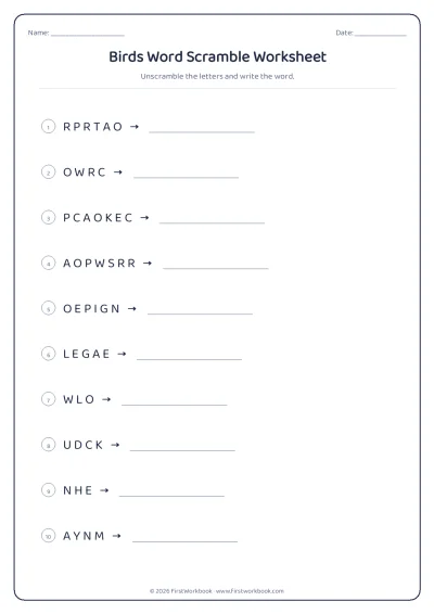 birds word scramble worksheet