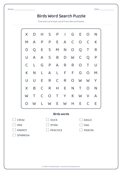 birds word search puzzle worksheet