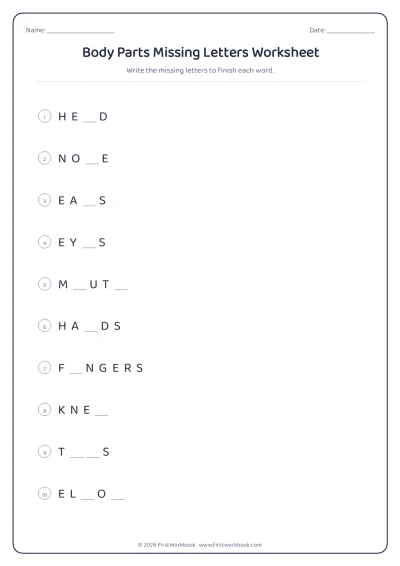 body parts missing letters spelling worksheet