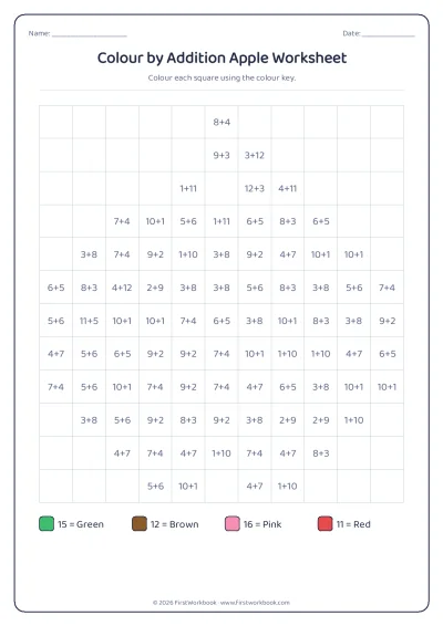 colour by addition mystery picture worksheet apple