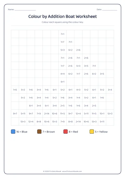 colour by addition mystery picture worksheet boat
