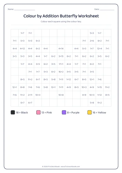 colour by addition mystery picture worksheet butterfly