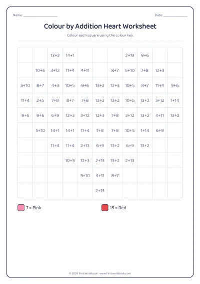 colour by addition mystery picture worksheet heart