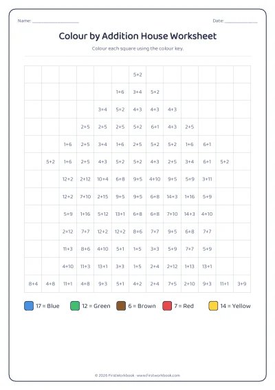colour by addition mystery picture worksheet house