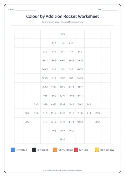colour by addition mystery picture worksheet rocket
