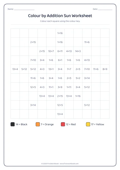 colour by addition mystery picture worksheet sun