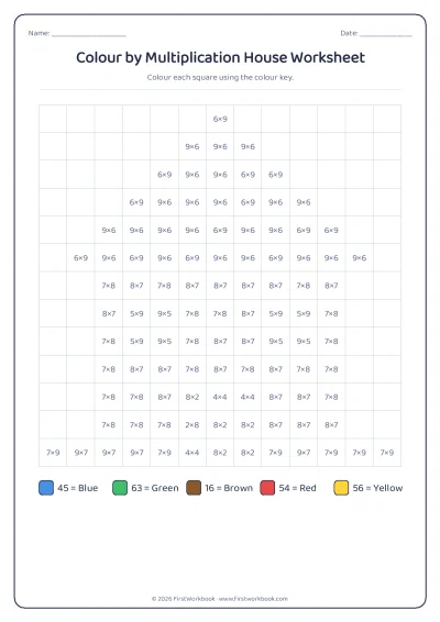 colour by multiplication mystery picture worksheet house