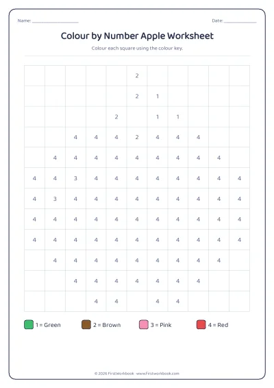 colour by number mystery picture worksheet apple