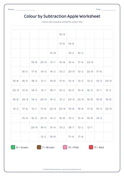 colour by subtraction mystery picture worksheet apple