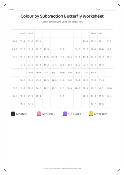 colour by subtraction mystery picture worksheet butterfly