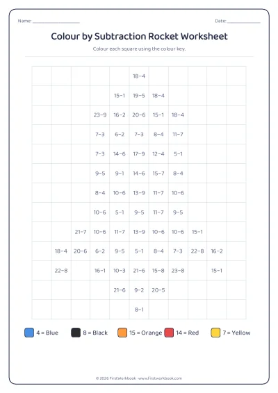 colour by subtraction mystery picture worksheet rocket