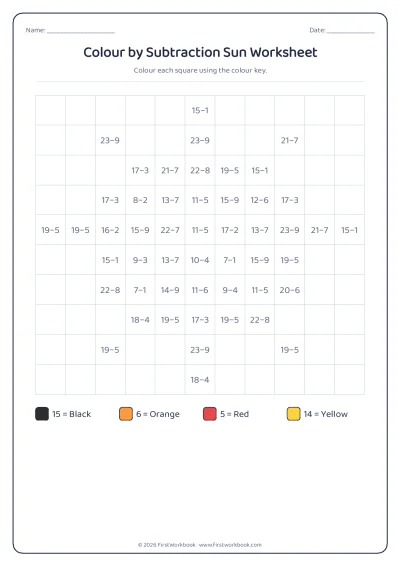 colour by subtraction mystery picture worksheet sun