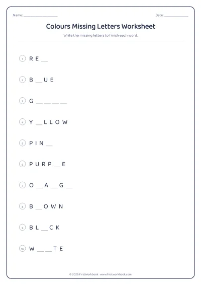 colours missing letters spelling worksheet