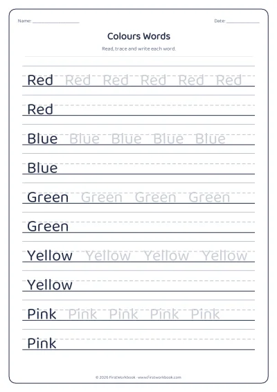 colours words tracing worksheet