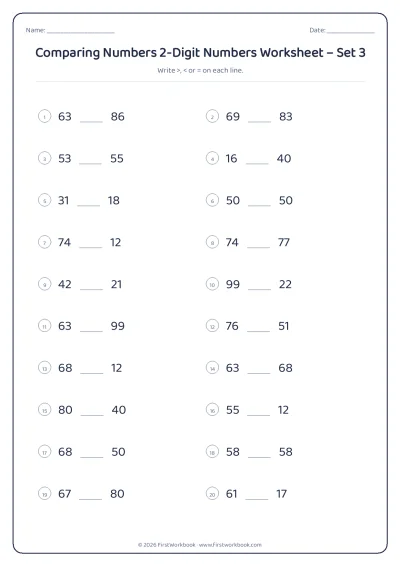 comparing numbers worksheet with greater than and less than