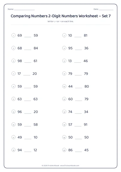 comparing numbers worksheet with greater than and less than