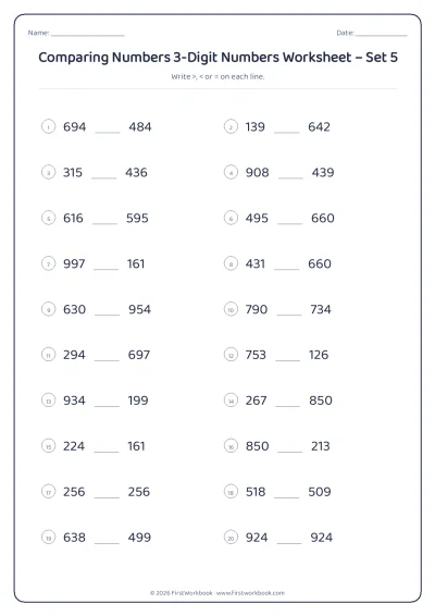comparing numbers worksheet with greater than and less than