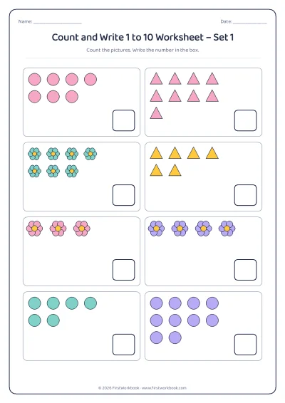 count and write worksheet with groups of pictures from 1 to 10