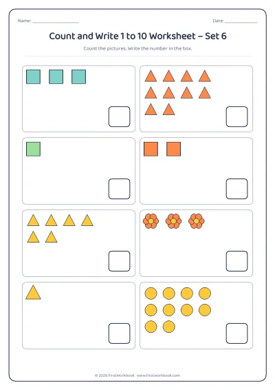 count and write worksheet with groups of pictures from 1 to 10