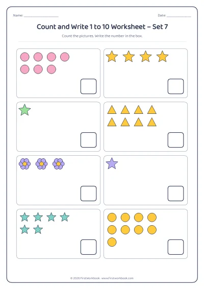 count and write worksheet with groups of pictures from 1 to 10