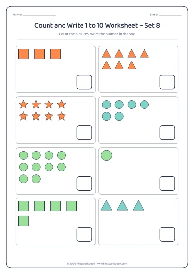 count and write worksheet with groups of pictures from 1 to 10