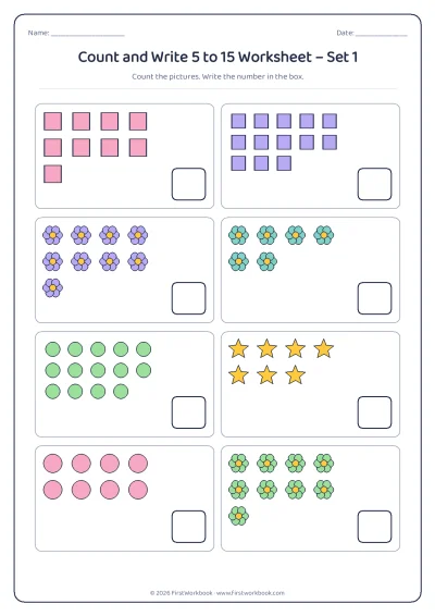 count and write worksheet with groups of pictures from 5 to 15