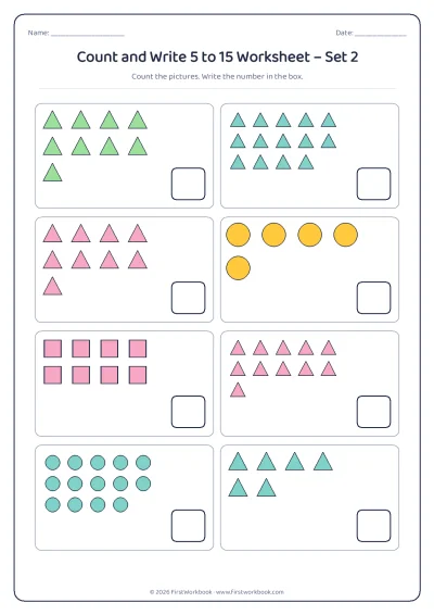 count and write worksheet with groups of pictures from 5 to 15