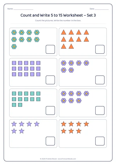 count and write worksheet with groups of pictures from 5 to 15