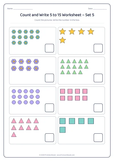 count and write worksheet with groups of pictures from 5 to 15
