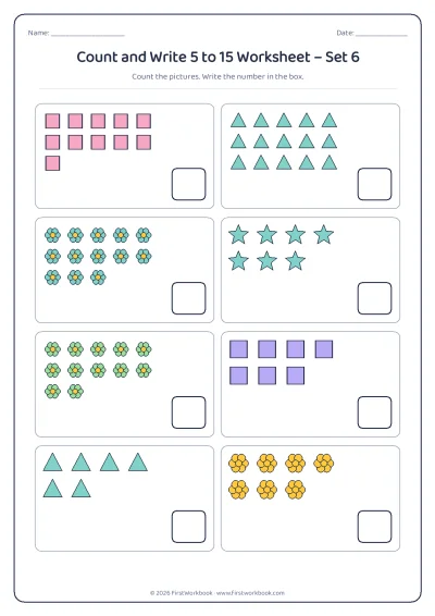 count and write worksheet with groups of pictures from 5 to 15
