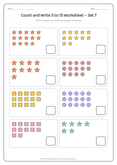 count and write worksheet with groups of pictures from 5 to 15