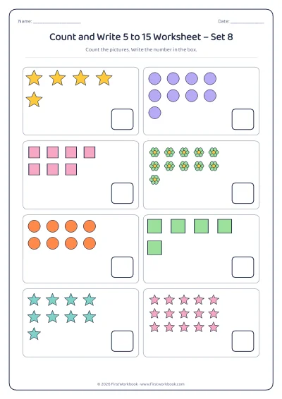 count and write worksheet with groups of pictures from 5 to 15