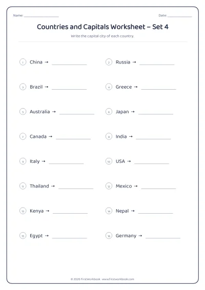 countries and capitals GK worksheet for kids