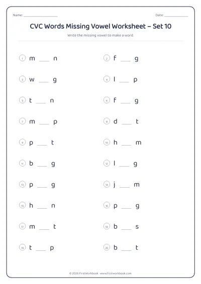 CVC words missing vowel phonics worksheet