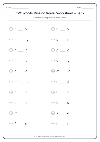 CVC words missing vowel phonics worksheet