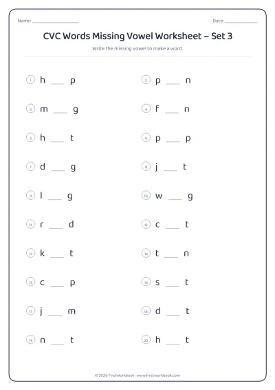 CVC words missing vowel phonics worksheet