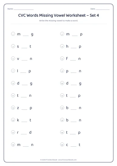 CVC words missing vowel phonics worksheet