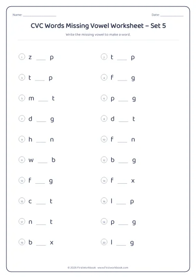 CVC words missing vowel phonics worksheet