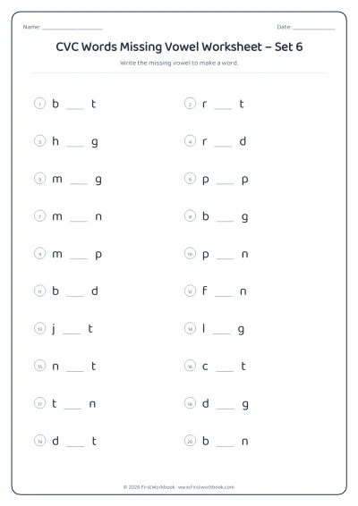 CVC words missing vowel phonics worksheet
