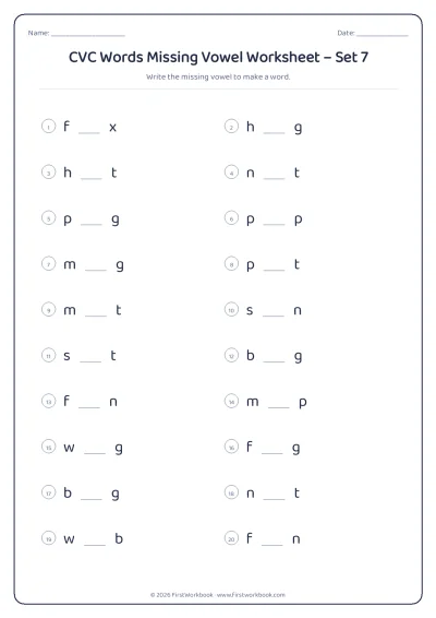 CVC words missing vowel phonics worksheet