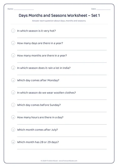 days months and seasons GK worksheet for kids