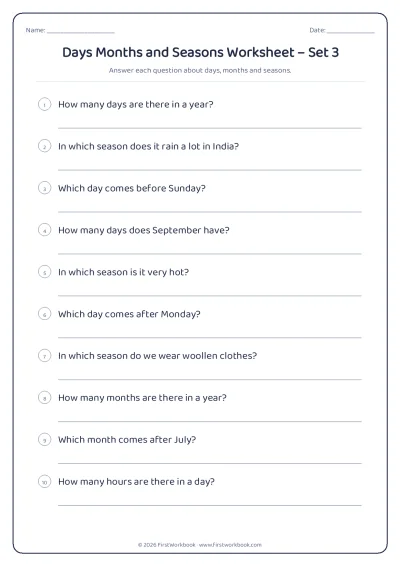 days months and seasons GK worksheet for kids