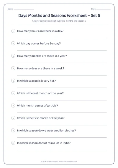 days months and seasons GK worksheet for kids