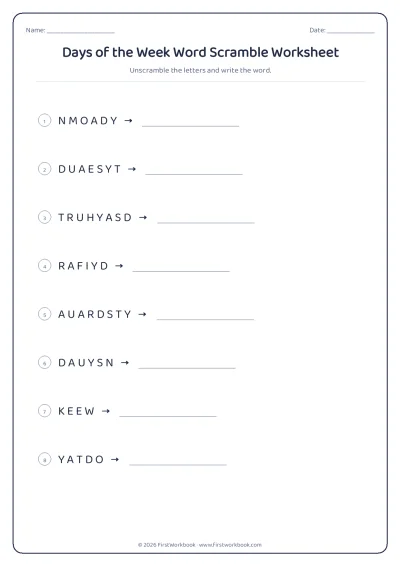 days of the week word scramble worksheet