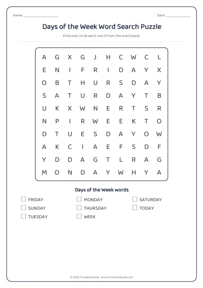 days of the week word search puzzle worksheet