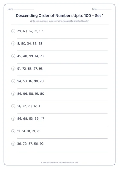 descending order of numbers worksheet